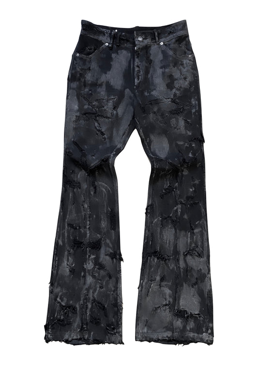 BLACK FLARED WAXED DENIM